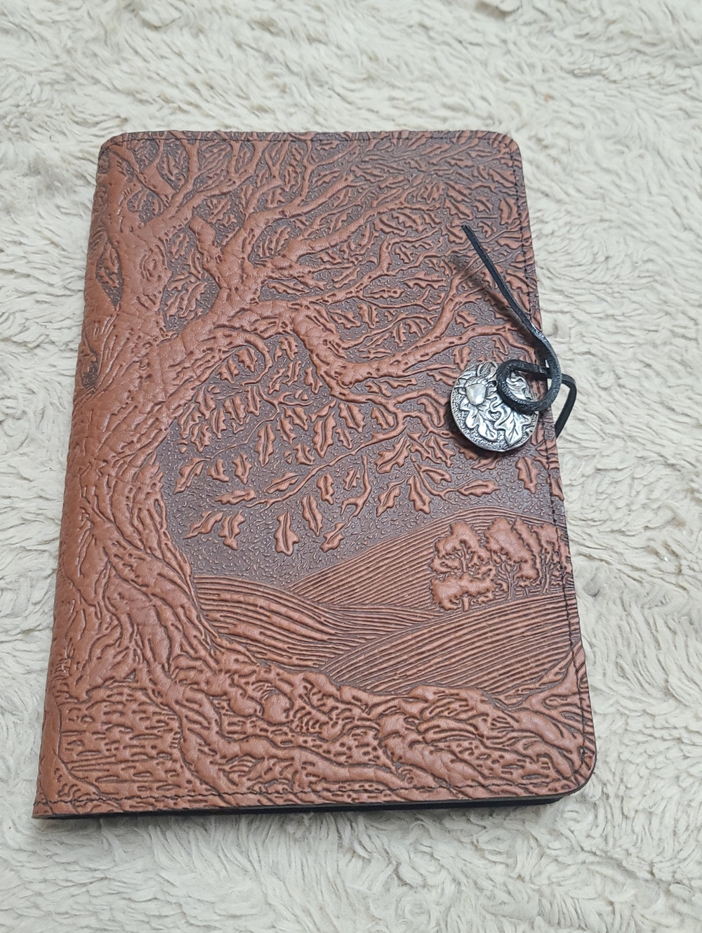 Oberon Embossed Tree Of Life Brown Leather Journal Cover with Button Closure